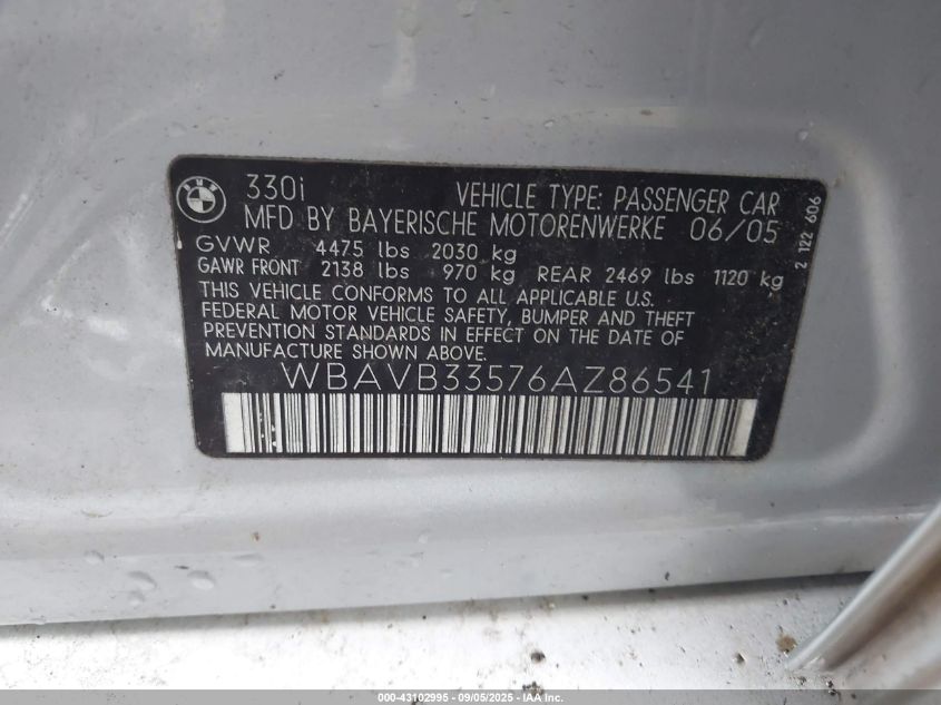 2006 BMW 330I VIN: WBAVB33576AZ86541 Lot: 43102995