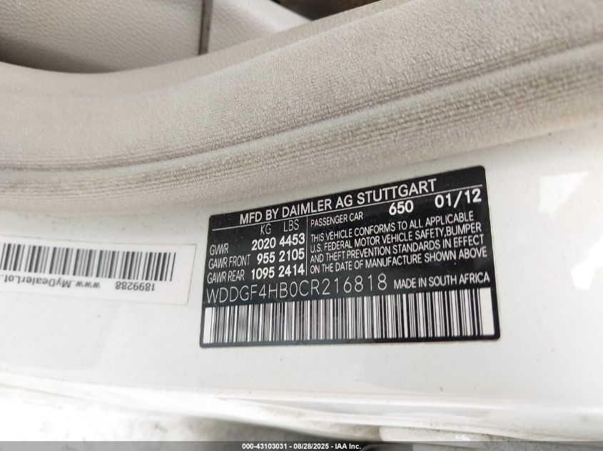 2012 Mercedes-Benz C 250 Sport VIN: WDDGF4HB0CR216818 Lot: 43103031