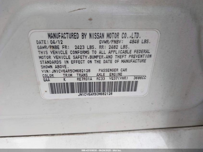 2012 Infiniti G37X VIN: JN1CV6AR5CM682128 Lot: 43103035