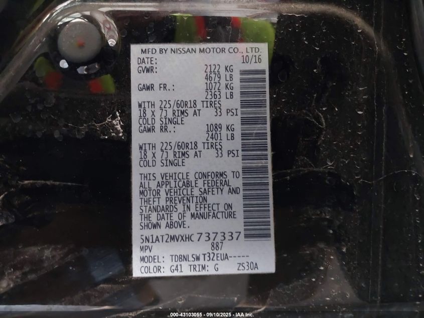 2017 Nissan Rogue Sl VIN: 5N1AT2MVXHC737337 Lot: 43103055