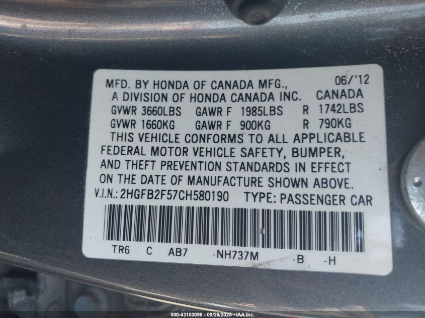 2012 Honda Civic Lx VIN: 2HGFB2F57CH580190 Lot: 43103098