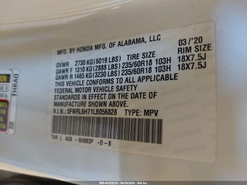 2020 Honda Odyssey Ex-L/Ex-L W/Navi Res VIN: 5FNRL6H71LB056828 Lot: 43103218