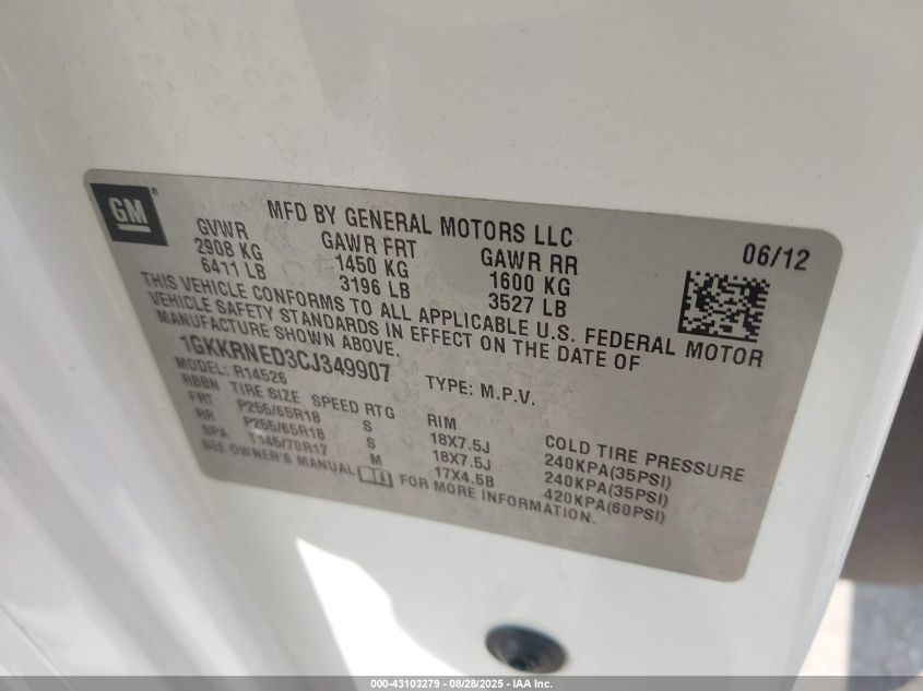 2012 GMC Acadia Sl VIN: 1GKKRNED3CJ349907 Lot: 43103279