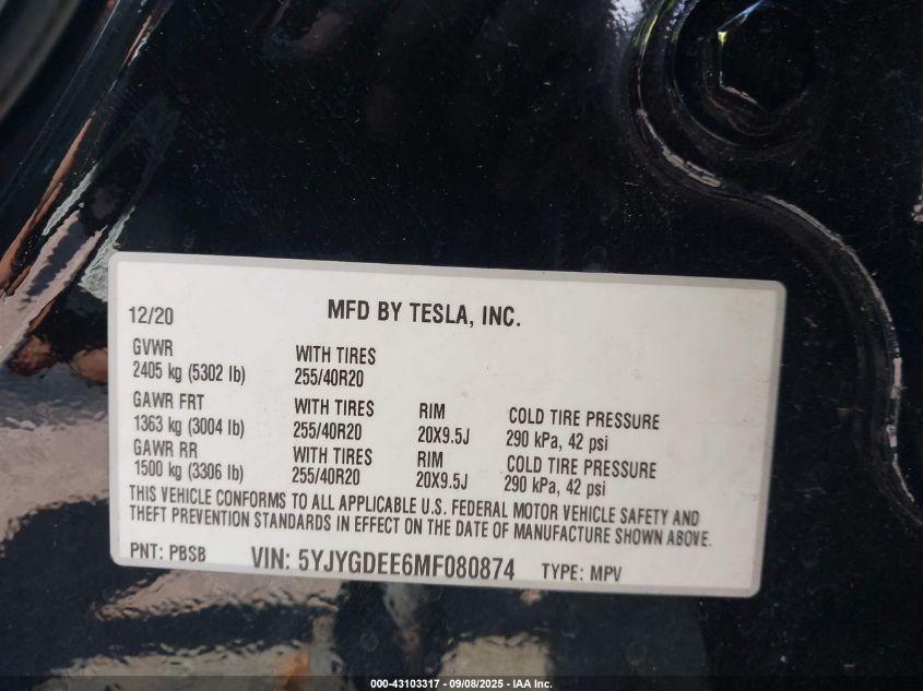 2021 Tesla Model Y Long Range Dual Motor All-Wheel Drive VIN: 5YJYGDEE6MF080874 Lot: 43103317