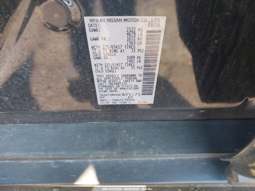 2016 Nissan Rogue S/Sl/Sv VIN: 5N1AT2MVXGC825125 Lot: 43103324