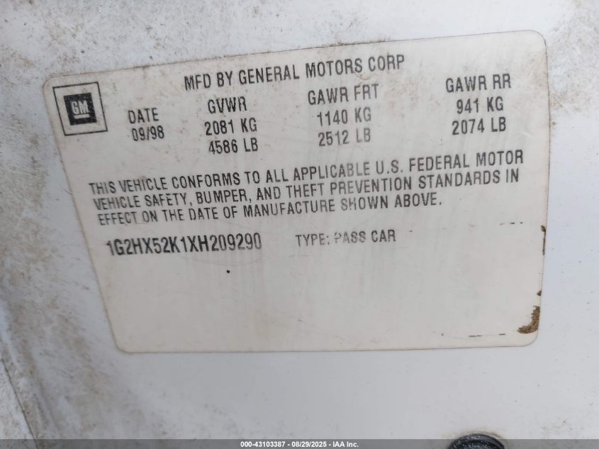 1999 Pontiac Bonneville Se VIN: 1G2HX52K1XH209290 Lot: 43103387