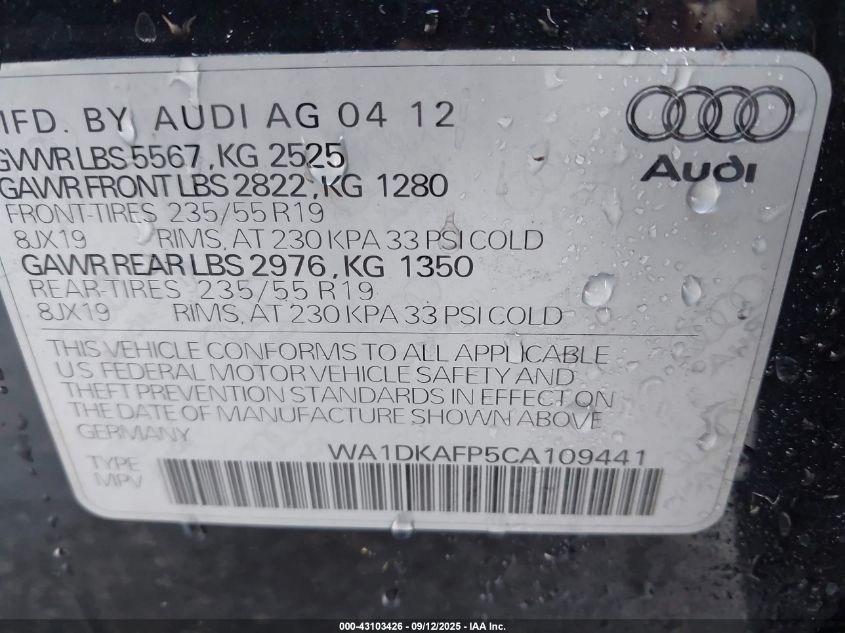 2012 Audi Q5 3.2 Premium Plus VIN: WA1DKAFP5CA109441 Lot: 43103426