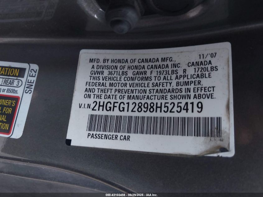 2008 Honda Civic Ex VIN: 2HGFG12898H525419 Lot: 43103456