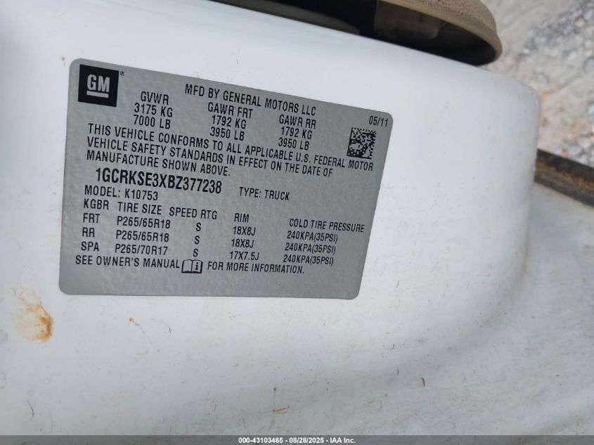 2011 Chevrolet Silverado 1500 Lt VIN: 1GCRKSE3XBZ377238 Lot: 43103465