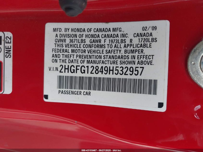 2009 Honda Civic Ex VIN: 2HGFG12849H532957 Lot: 43103467