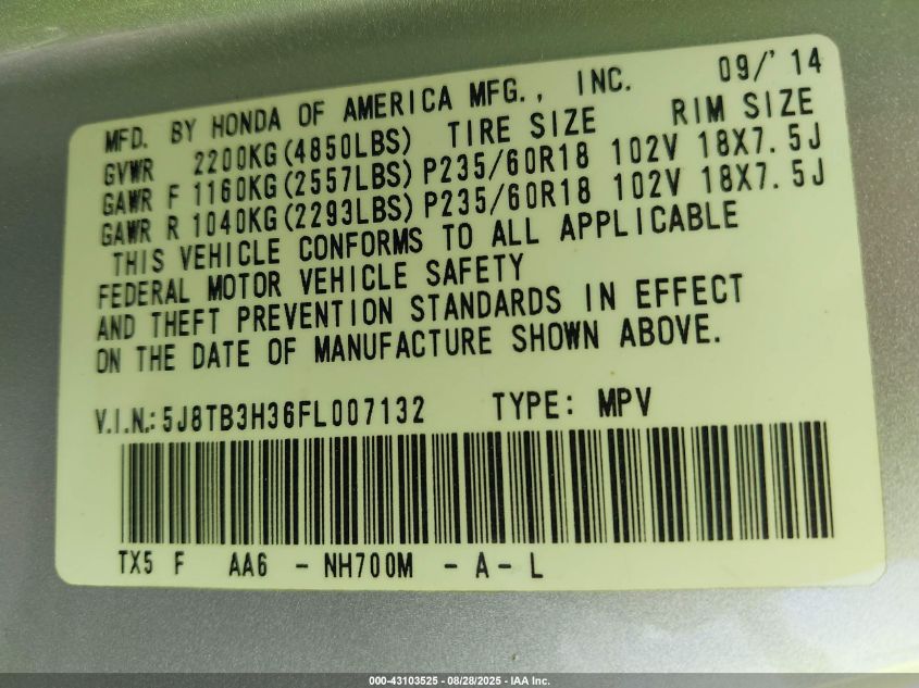 2015 Acura Rdx VIN: 5J8TB3H36FL007132 Lot: 43103525