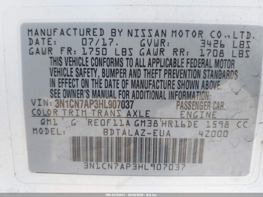 2017 NISSAN VERSA 1.6 S+ - 3N1CN7AP3HL907037