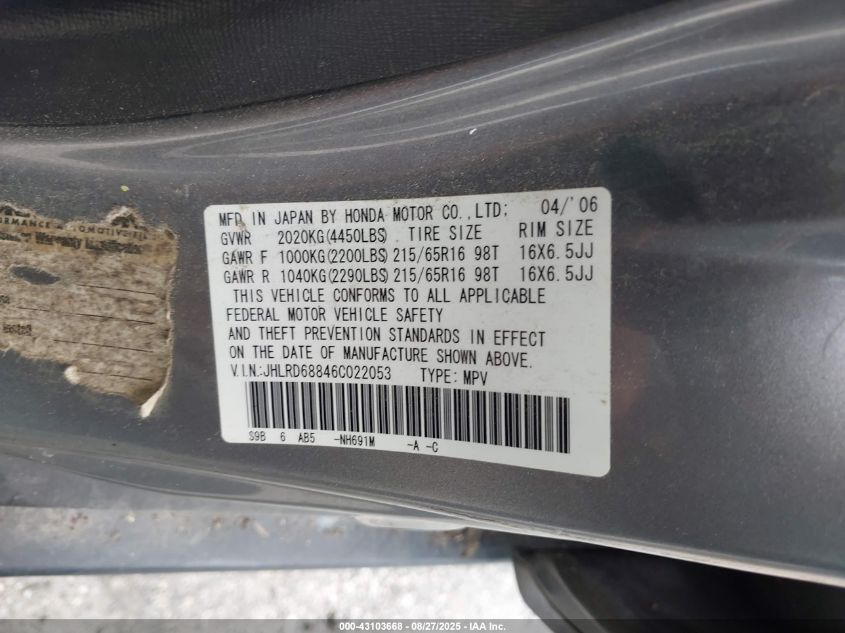 2006 Honda Cr-V Ex VIN: JHLRD68846C022053 Lot: 43103668