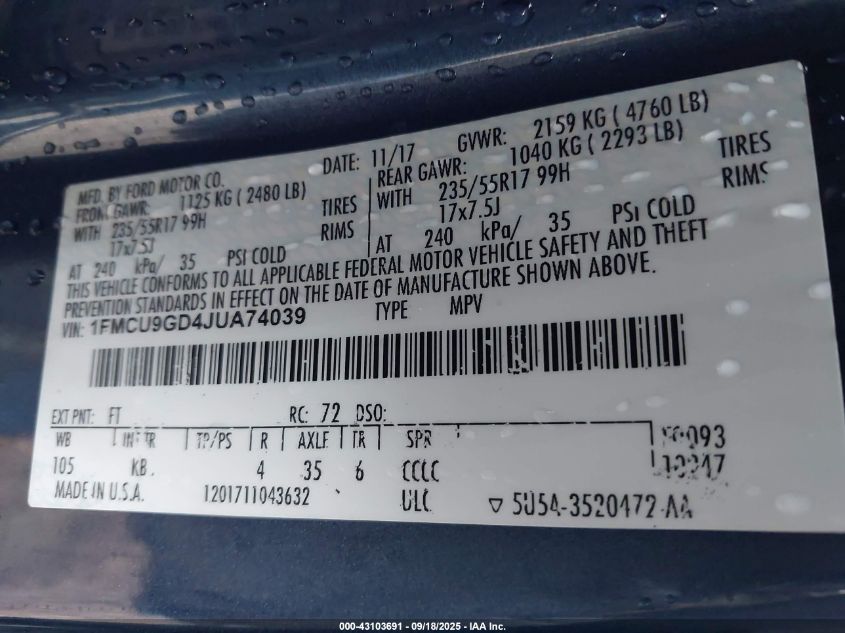 2018 Ford Escape Se VIN: 1FMCU9GD4JUA74039 Lot: 43103691