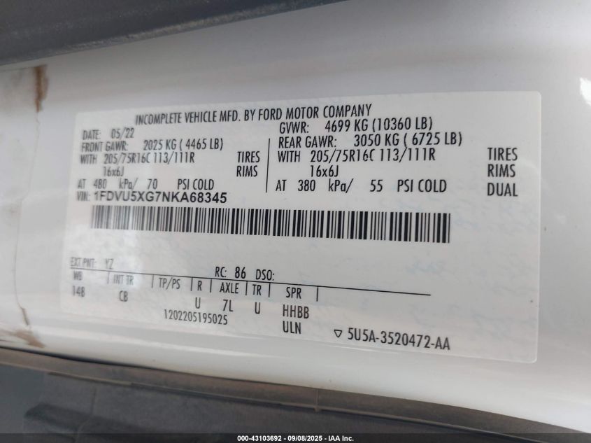 2022 Ford Transit-350 Passenger Van Xl VIN: 1FDVU5XG7NKA68345 Lot: 43103692