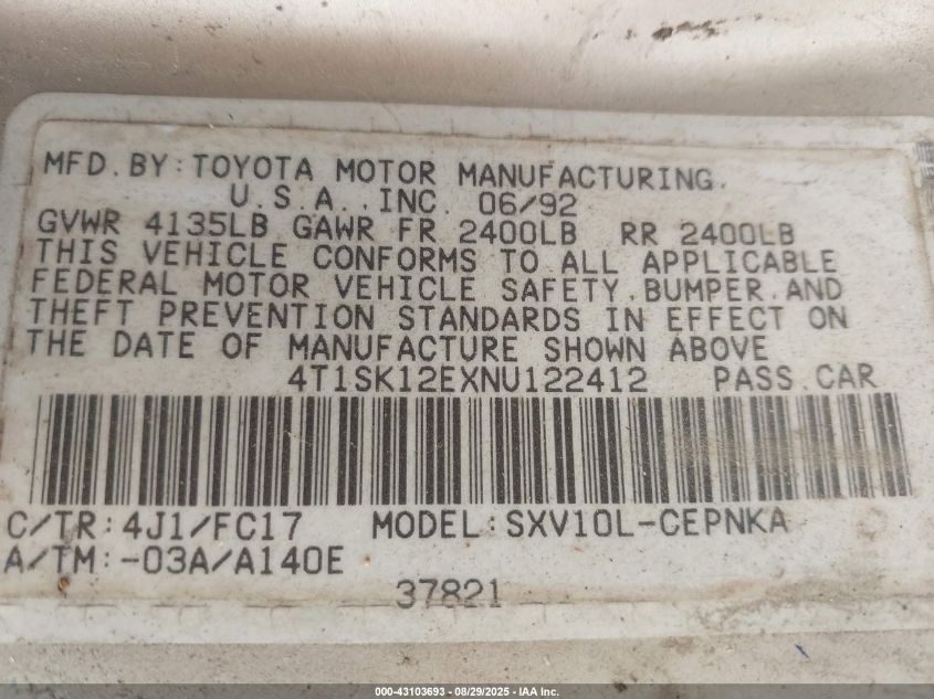 1992 Toyota Camry Le VIN: 4T1SK12EXNU122412 Lot: 43103693