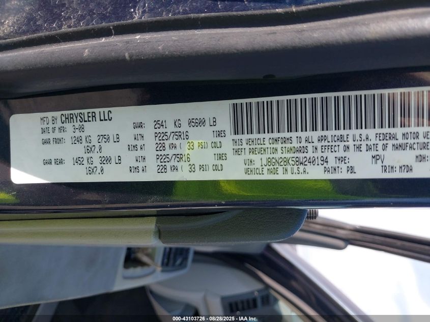 2008 Jeep Liberty Sport VIN: 1J8GN28K58W240194 Lot: 43103726