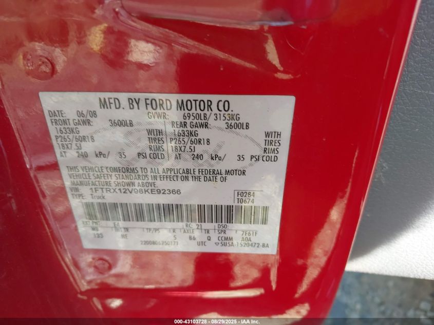 2008 Ford F-150 Fx2/Lariat/Stx/Xlt VIN: 1FTRX12V98KE92366 Lot: 43103728