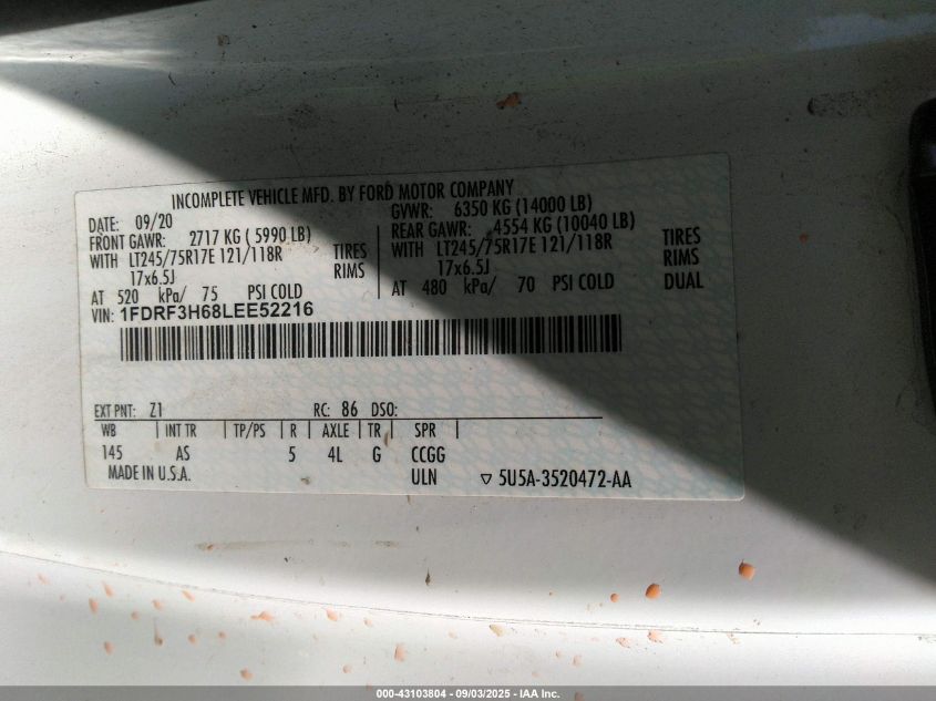 2020 Ford F-350 Chassis Xl VIN: 1FDRF3H68LEE52216 Lot: 43103804