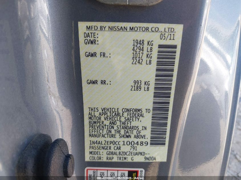 2012 Nissan Altima 2.5 S VIN: 1N4AL2EP0CC100489 Lot: 43103807