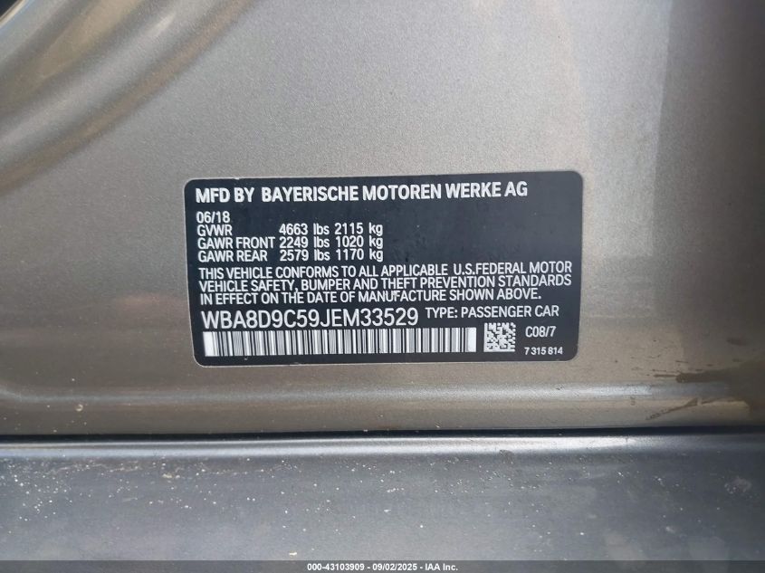 2018 BMW 330I xDrive VIN: WBA8D9C59JEM33529 Lot: 43103909