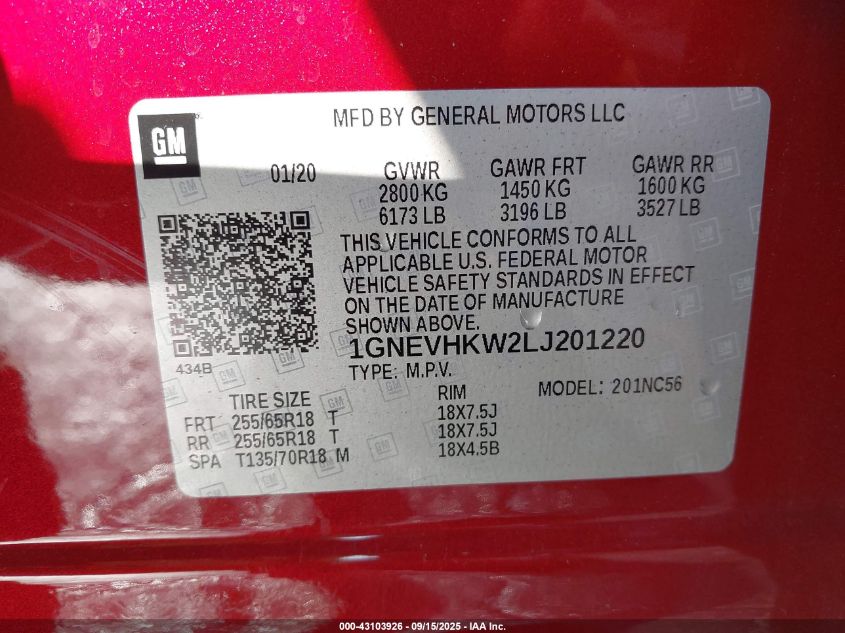 2020 Chevrolet Traverse Awd Lt Leather VIN: 1GNEVHKW2LJ201220 Lot: 43103926