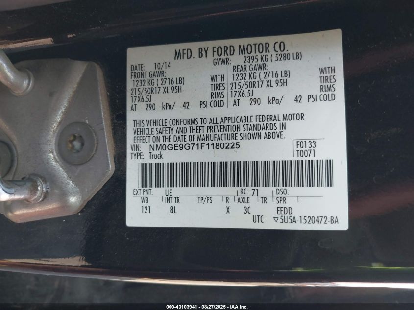 2015 Ford Transit Connect Titanium VIN: NM0GE9G71F1180225 Lot: 43103941