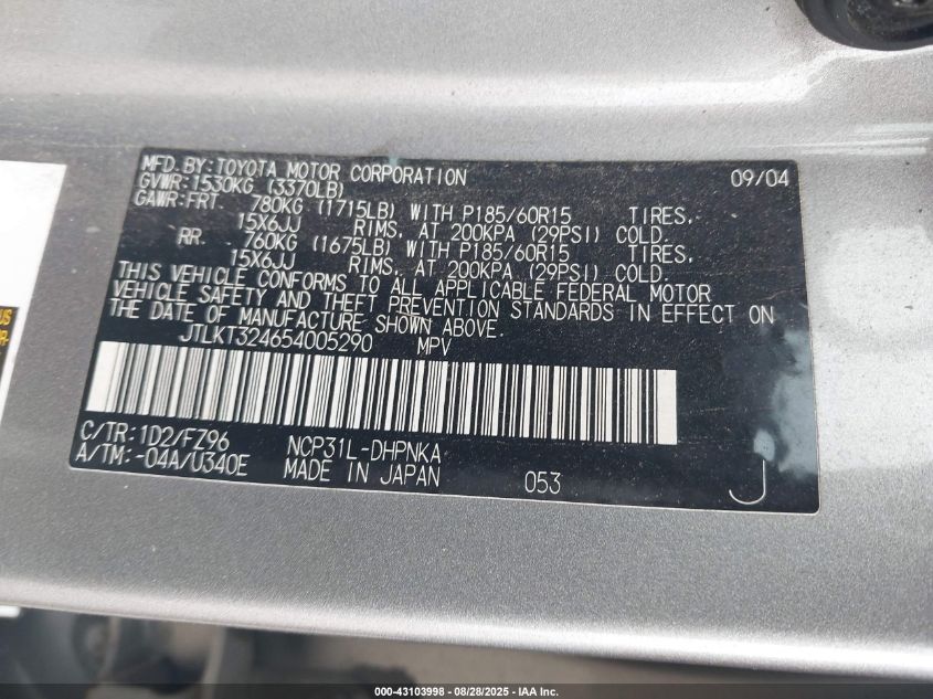 2005 Scion Xb VIN: JTLKT324654005290 Lot: 43103998