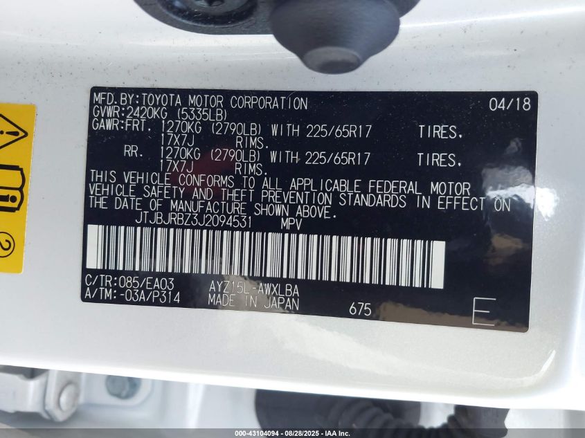 2018 Lexus Nx 300H VIN: JTJBJRBZ3J2094531 Lot: 43104094