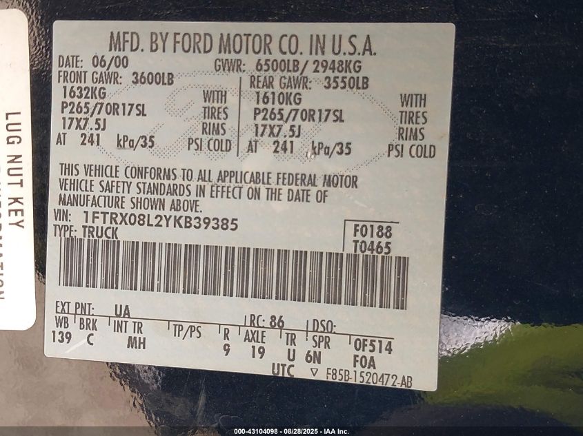 2000 Ford F-150 Lariat/Xl/Xlt VIN: 1FTRX08L2YKB39385 Lot: 43104098
