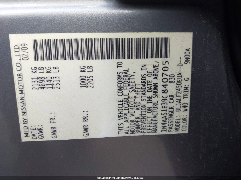 2009 Nissan Maxima 3.5 Sv VIN: 1N4AA51E39C840705 Lot: 43104139