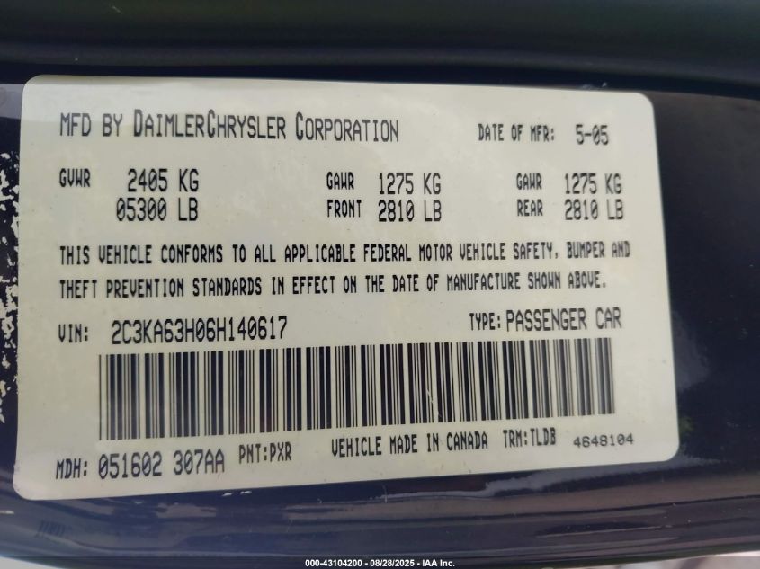 2006 Chrysler 300C VIN: 2C3KA63H06H140617 Lot: 43104200