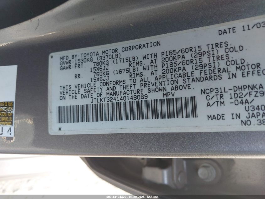 2004 Scion Xb VIN: JTLKT324140148069 Lot: 43104322