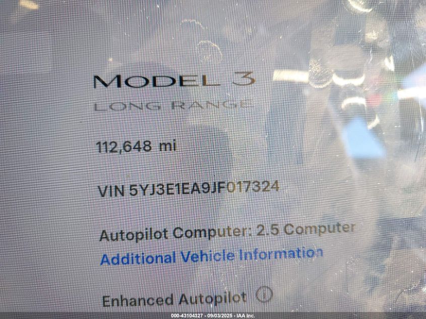2018 Tesla Model 3 Long Range/Mid Range VIN: 5YJ3E1EA9JF017324 Lot: 43104327