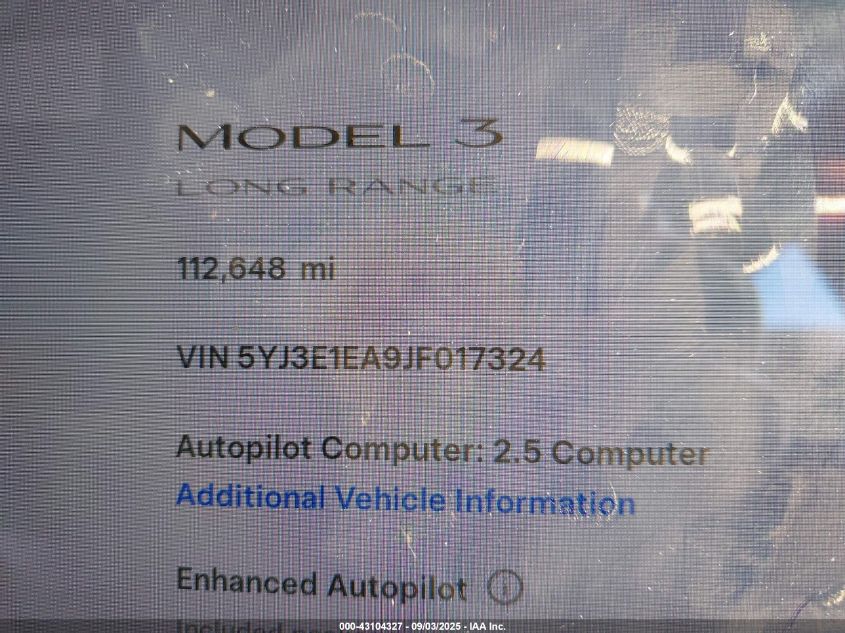 2018 Tesla Model 3 Long Range/Mid Range VIN: 5YJ3E1EA9JF017324 Lot: 43104327