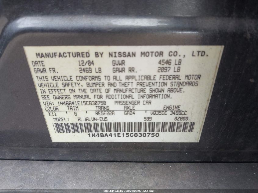 2005 Nissan Maxima 3.5 Sl VIN: 1N4BA41E15C830750 Lot: 43104345