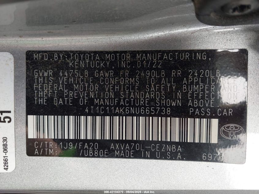 2022 Toyota Camry Le VIN: 4T1C11AK6NU665738 Lot: 43104370