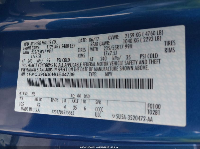 2017 Ford Escape Se VIN: 1FMCU9GD6HUE44739 Lot: 43104401