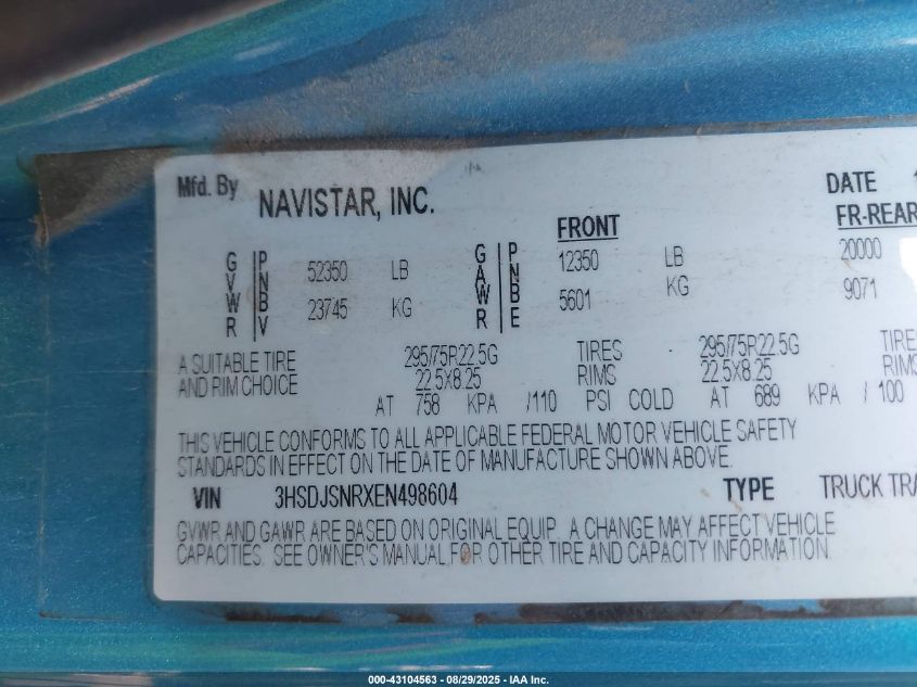 2014 International Prostar VIN: 3HSDJSNRXEN498604 Lot: 43104563
