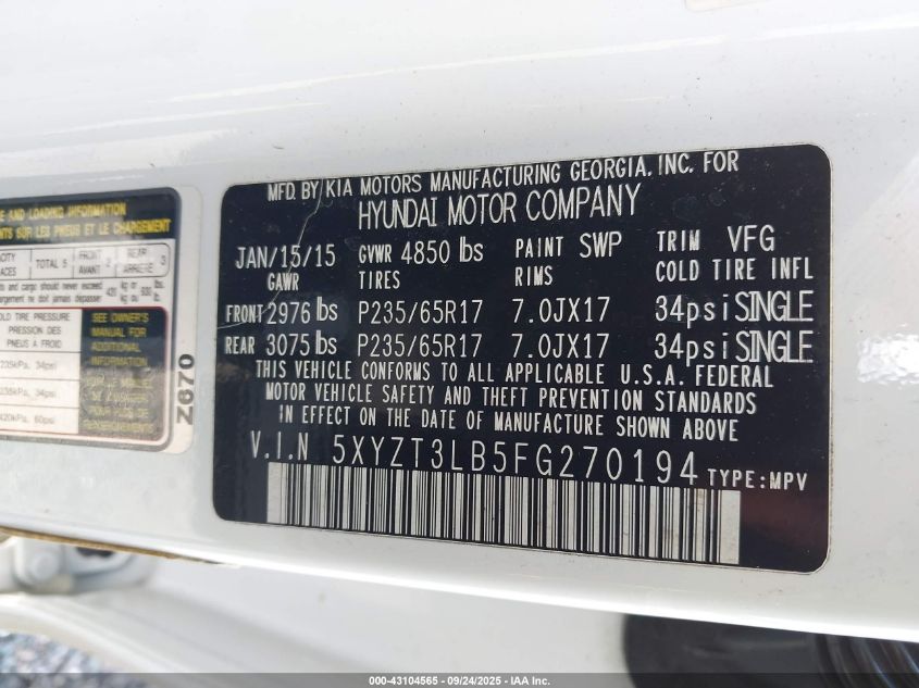 2015 Hyundai Santa Fe Sport 2.4L VIN: 5XYZT3LB5FG270194 Lot: 43104565