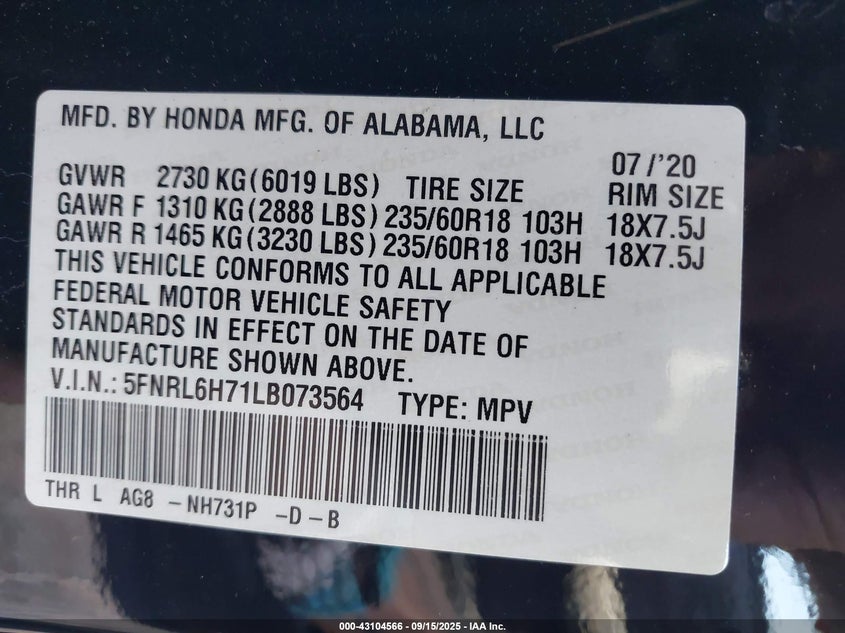 2020 Honda Odyssey Ex-L/Ex-L W/Navi Res VIN: 5FNRL6H71LB073564 Lot: 43104566