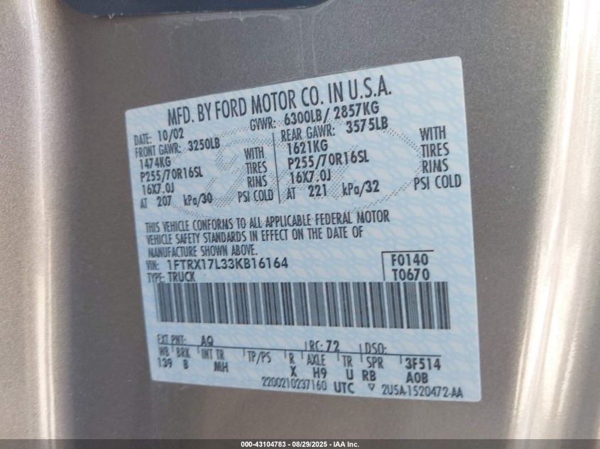 2003 Ford F-150 Lariat/Xl/Xlt VIN: 1FTRX17L33KB16164 Lot: 43104783