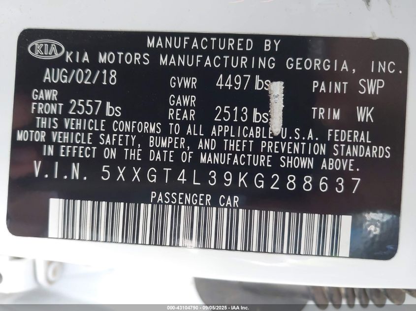 2019 Kia Optima Lx VIN: 5XXGT4L39KG288637 Lot: 43104790