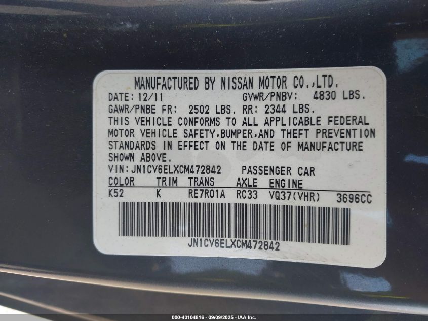 2012 Infiniti G37X VIN: JN1CV6ELXCM472842 Lot: 43104816
