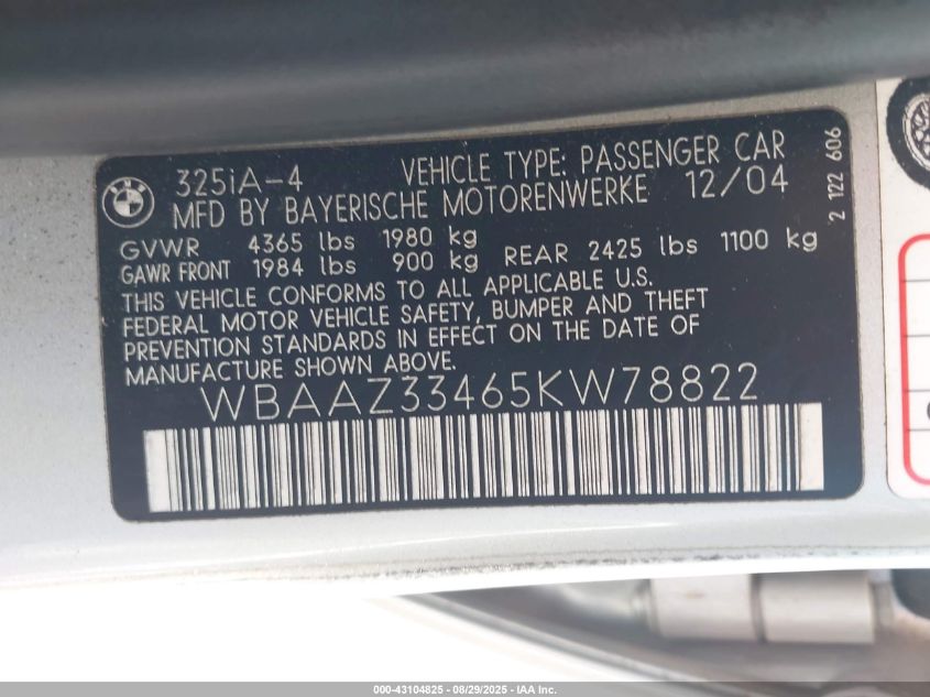 2005 BMW 325 Is Sulev VIN: WBAAZ33465KW78822 Lot: 43104825