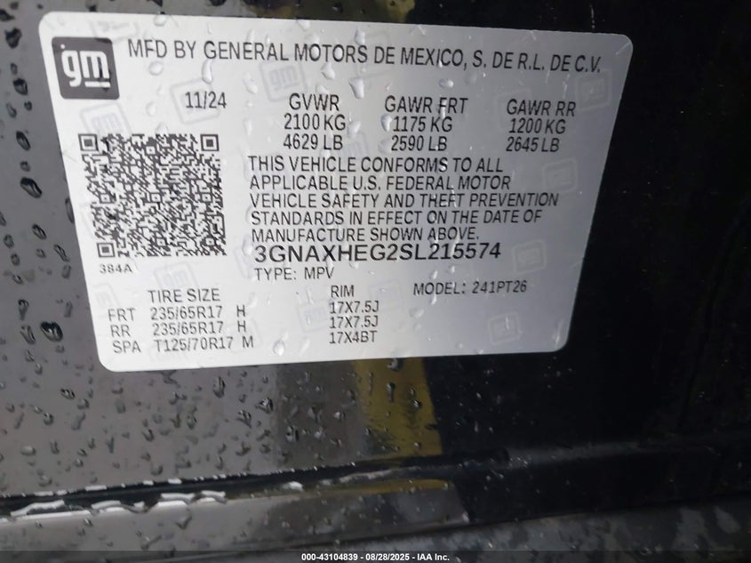 2025 CHEVROLET EQUINOX FWD LT 3GNAXHEG2SL215574