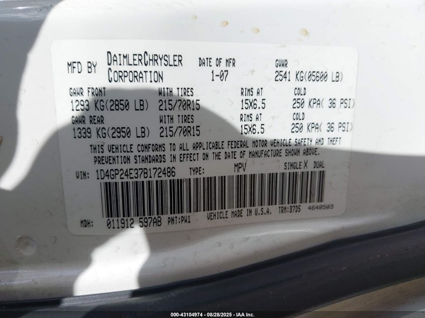 2007 Dodge Grand Caravan Se VIN: 1D4GP24E37B172486 Lot: 43104974