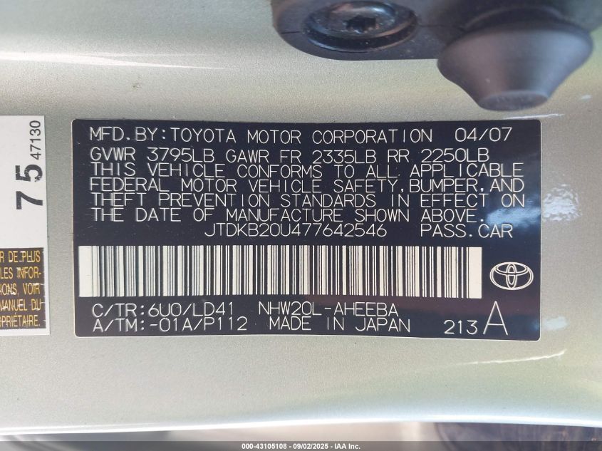 2007 Toyota Prius VIN: JTDKB20U477642546 Lot: 43105108
