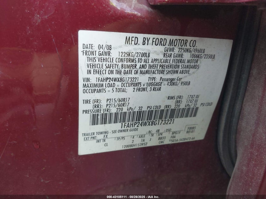 2008 Ford Taurus Sel VIN: 1FAHP24WX8G173221 Lot: 43105111