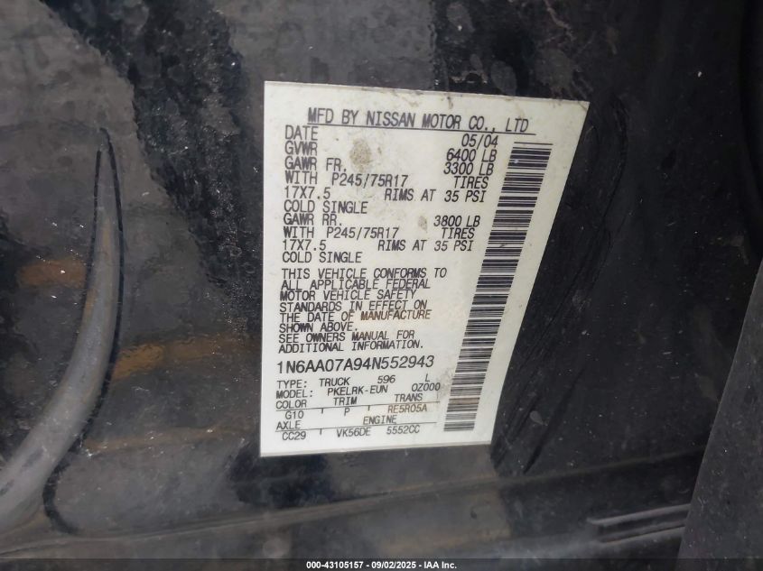 2004 Nissan Titan Xe VIN: 1N6AA07A94N552943 Lot: 43105157